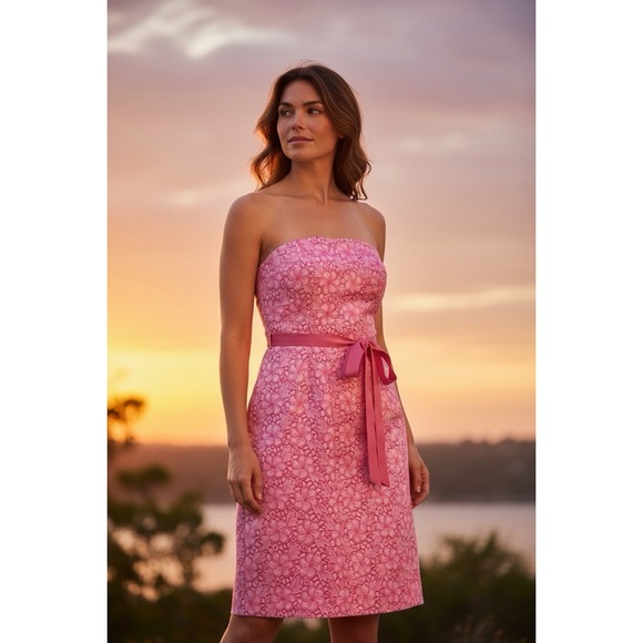 Lilly Pulitzer Sz 4 Pink Embroidered Floral Ribbon Belt Strapless Dress Cotton - Picture 1 of 10